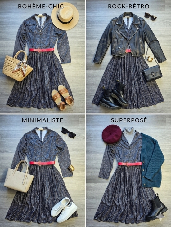 Vintage Dresses & Skirts - Dark Blue Micro Floral Long-Sleeve Pleated Midi Dress